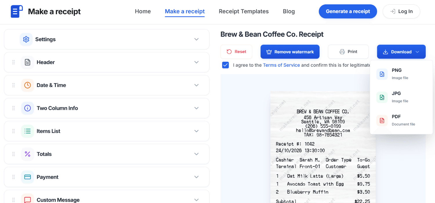 High-resolution receipt export options