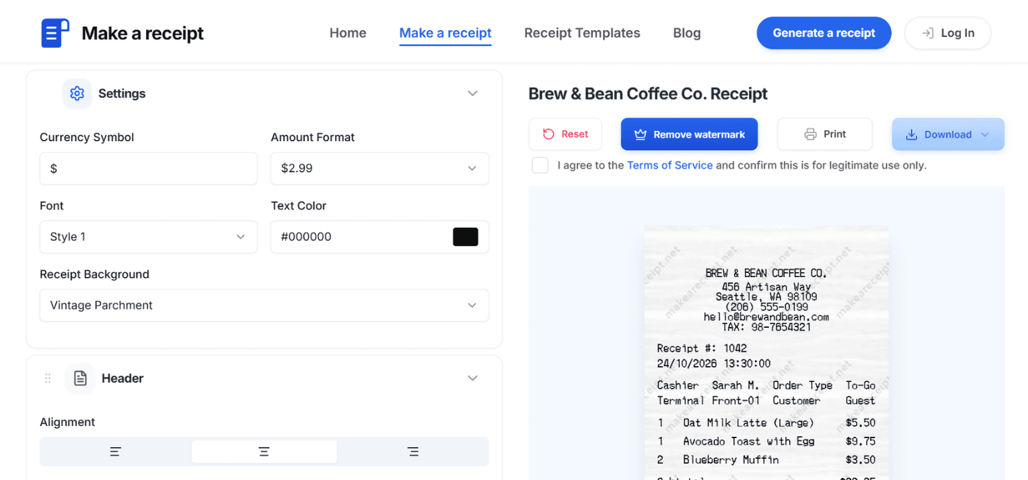 Real-time receipt editor interface