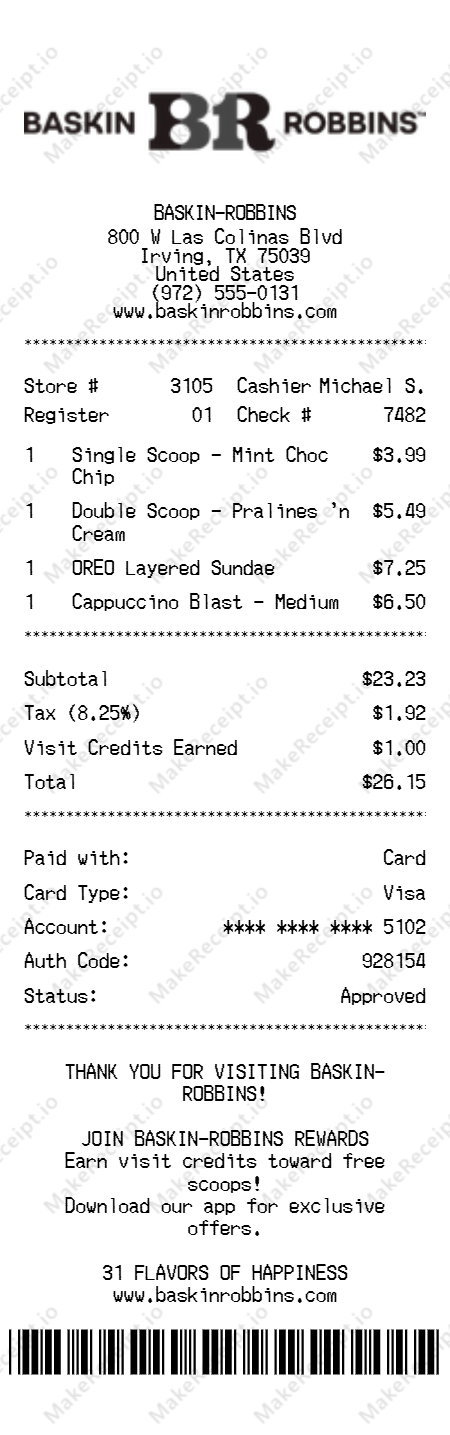 Baskin-Robbins Receipt receipt template — free editable generator