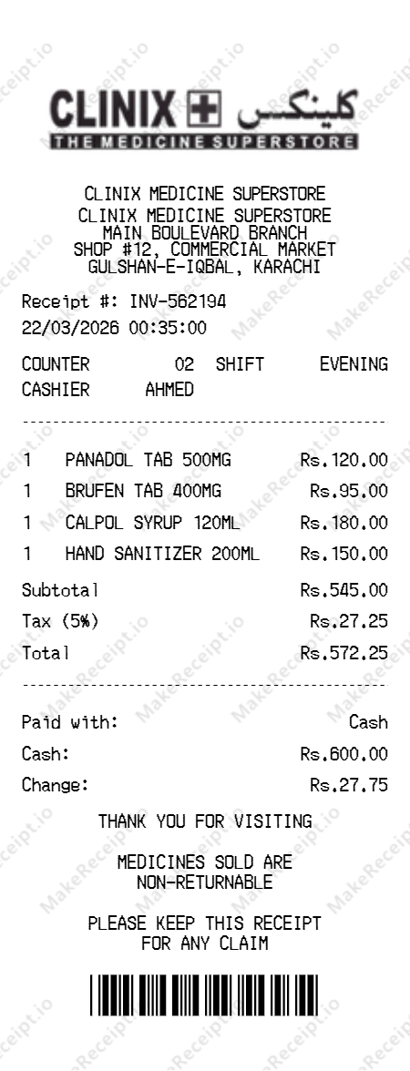 Clinix Medicine Superstore Receipt receipt template — free editable generator
