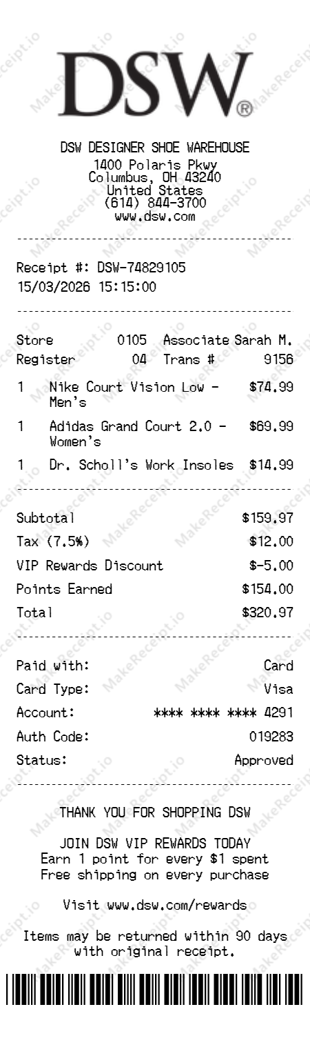 DSW Receipt receipt template — free editable generator