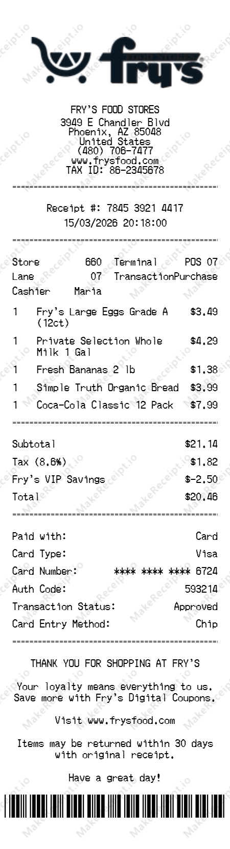 Fry's Food Stores Receipt receipt template — free editable generator
