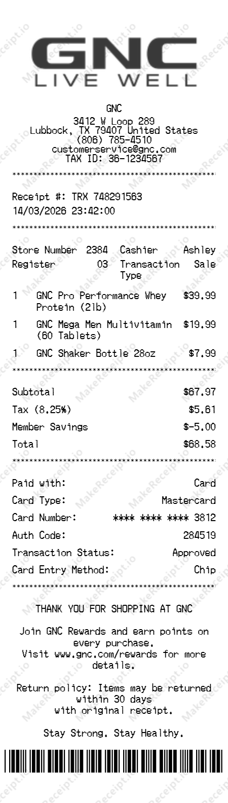 GNC Receipt receipt template — free editable generator