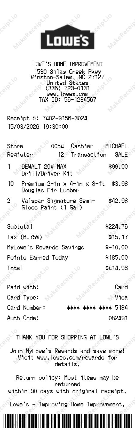 Lowe's Receipt receipt template — free editable generator