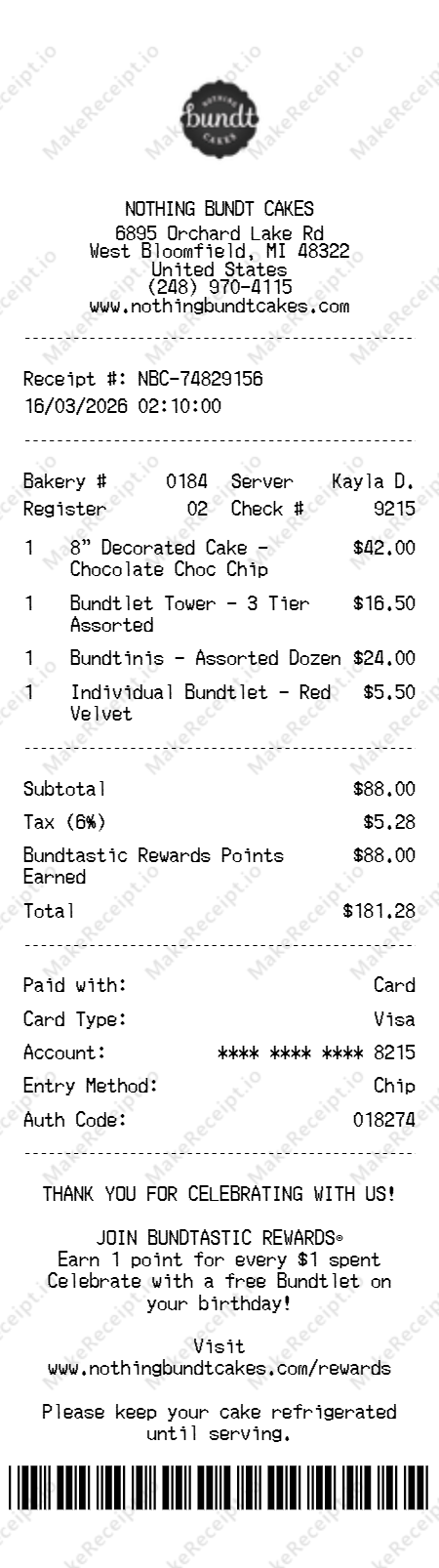 Nothing Bundt Cakes Receipt receipt template — free editable generator
