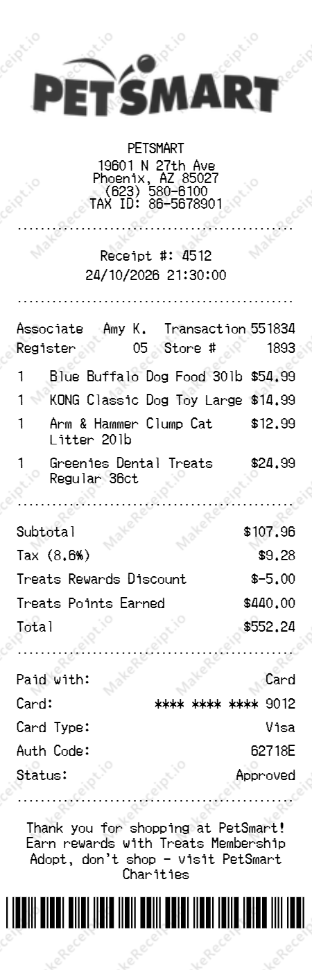 PetSmart Receipt receipt template — free editable generator