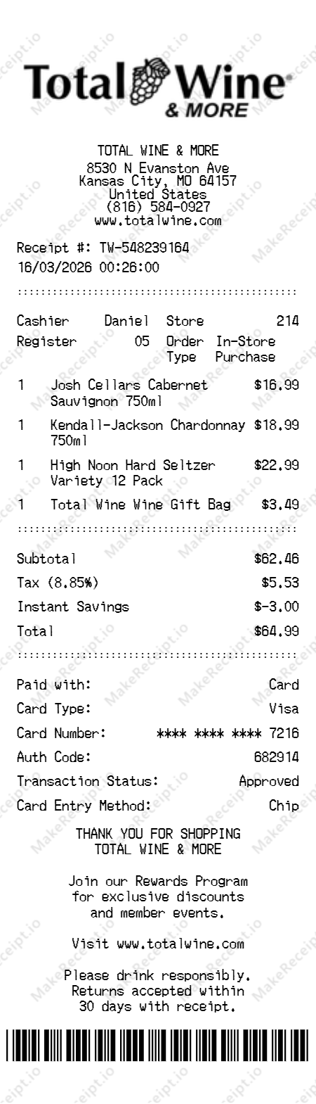 Total Wine & More Receipt receipt template — free editable generator